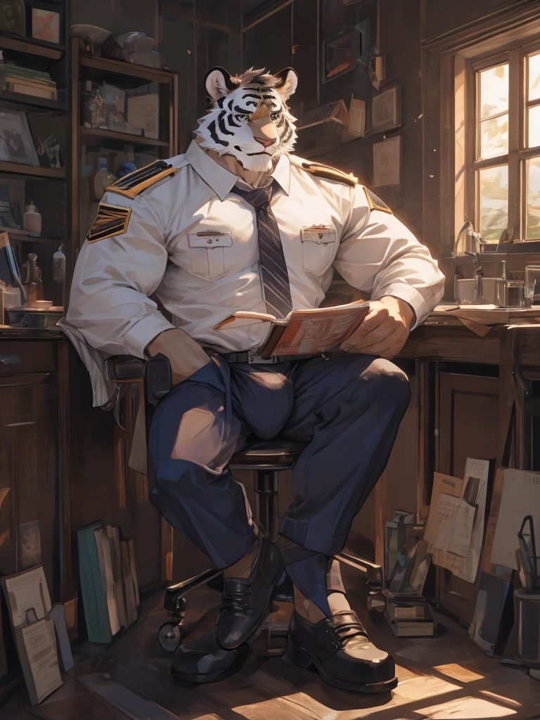 {{bara extremely handsome white tiger,}} {{white fur,}} white, wearing military like purple trench coat purple trousers and white dress shirt and necktie, white fluffy furry body and limbs, loafers, very tall, very broad shoulders, narrow waist, muscular arms, massive pecs, purple eyes, very long legs, sitting on swivel chair with legs spread, massive bulge, reading file, sophisticated smart look, full body, sunlight casting over, 3/4 view, best quality, high quality, silver earring on left ear, dead stare, cold expression