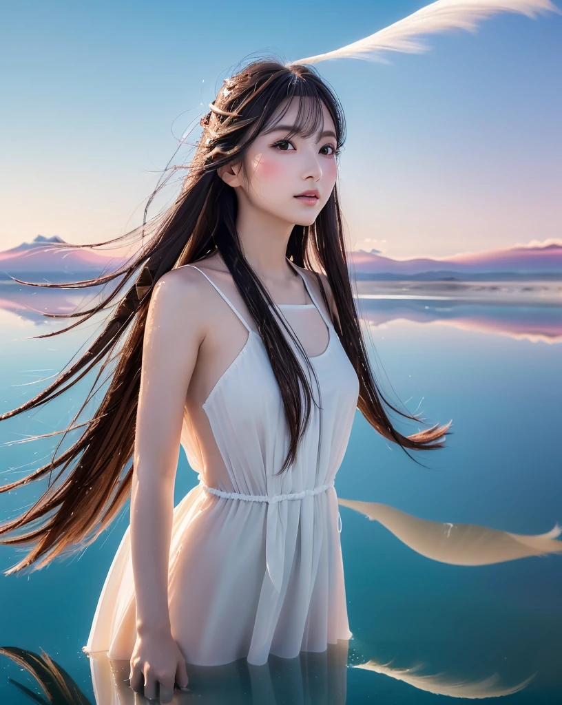 (Highest quality, 32k, High resolution, Masterpiece:1.5), marimo_jet, god々A photograph with brilliant dazzling and healing power., Expressing emotions, Have a rich imagination, Beautiful Japanese Girls, An exceptionally beautiful face, Small Face Beauty, , Perfect Human Anatomy, Magical big eyes, Motherhood and generosity, Deep Love, fleeting smile, Shiny black hair, Beautiful super long hair swaying in the wind, Asymmetrical bangs, Hair between the eyes, Transparent, soft white skin, Sharp eyebrows, Thin lashes, ((Natural Makeup:1.3)), Pale pink detailed lips, (Red dress:1.3), ((High resolutionの美しい太もも)), ((Distant Horizon:1.5)), ((Salar de Uyuni stretches to the horizon:1.3)), ((The water surface reflects the sky like a mirror:1.3)), Beautiful detailed blue sky, Professional photographer, Professional Lighting, Professional models