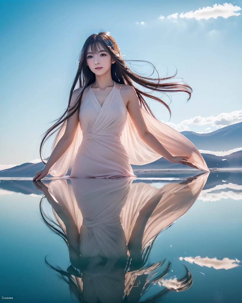 (Highest quality, 32k, High resolution, Masterpiece:1.5), marimo_jet, god々A photograph with brilliant dazzling and healing power., Expressing emotions, Have a rich imagination, Beautiful Japanese Girls, An exceptionally beautiful face, Small Face Beauty, , Perfect Human Anatomy, Magical big eyes, Motherhood and generosity, Deep Love, fleeting smile, Shiny black hair, Beautiful super long hair swaying in the wind, Asymmetrical bangs, Hair between the eyes, Transparent, soft white skin, Sharp eyebrows, Thin lashes, ((Natural Makeup:1.3)), Pale pink detailed lips, (Red dress:1.3), ((High resolutionの美しい太もも)), ((Distant Horizon:1.5)), ((Salar de Uyuni stretches to the horizon:1.3)), ((The water surface reflects the sky like a mirror:1.3)), Beautiful detailed blue sky, Professional photographer, Professional Lighting, Professional models
