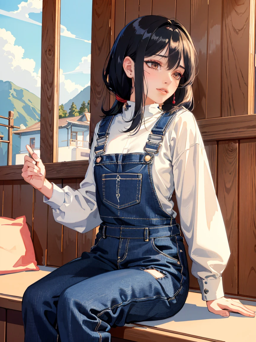 Line art, Imaginary thoughts about your dream girlfriend、A warm portrayal,Dream Lover、I envision you as a lifelong partner。She embodies the simplicity of a Chinese country girl.、Diligent,Wisdom and Fusion、美しくDiligent性格。This artistic depiction shows her in a rural setting.,Exudes sweetness、Romantic atmosphere。(( 1 Girl, alone, Black Hair, keep, Sitting, She is wearing simple denim overalls and a white shirt.,I'm playing the guitar)),reflecting her humble origins and down-to-earth personality.。Her face is kind and beautiful,Gentle facial expressions、Charm。Picturesque rural landscape in the background,Gentle hills、Fields and traditional country house,Adds a sweet, rustic and romantic charm。The overall style combines realism with idealized rural beauty.,dream-like、The essence of a cute country girl, (Floral watercolor:1.5),(Ultra high color saturation, Bright and vibrant colors:1.5), (Browsing Caution), (Looking at the audience from the front:1.5)