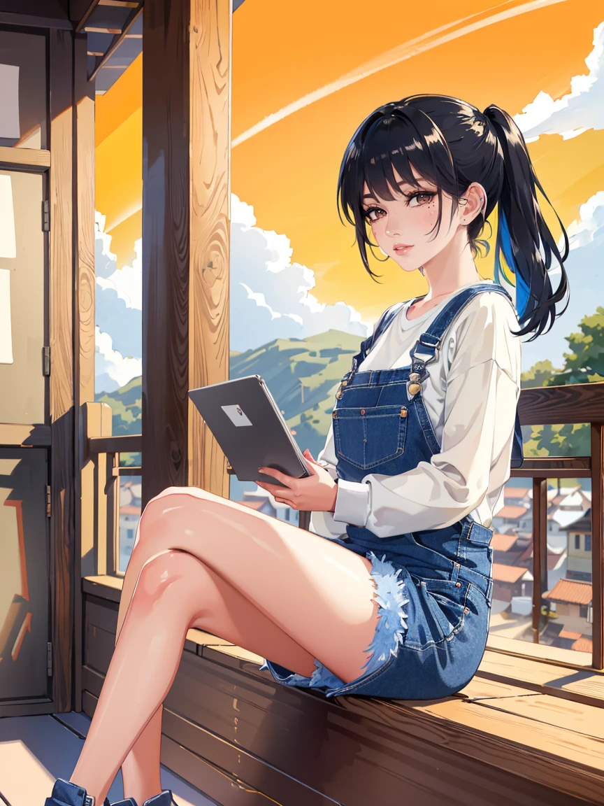 Line art, Imaginary thoughts about your dream girlfriend、A warm portrayal，Dream Lover、I envision you as a lifelong partner。She embodies the simplicity of a Chinese country girl.、Diligent，Wisdom and Fusion、美しくDiligent性格。This artistic depiction shows her in a rural setting.，Exudes sweetness、Romantic atmosphere。(( 1 Girl, alone, Black Hair, keep, Sitting, She is wearing simple denim overalls and a white shirt.，I&#39;m playing the guitar))，reflecting her humble origins and down-to-earth personality.。Her face is kind and beautiful，Gentle facial expressions、Charm。Picturesque rural landscape in the background，Gentle hills、Fields and traditional country house，Adds a sweet, rustic and romantic charm。The overall style combines realism with idealized rural beauty.，dream-like、The essence of a cute country girl, (Floral watercolor:1.5)，(Ultra high color saturation, Bright and vibrant colors:1.5), (Browsing Caution), (Looking at the audience from the front:1.5)
 