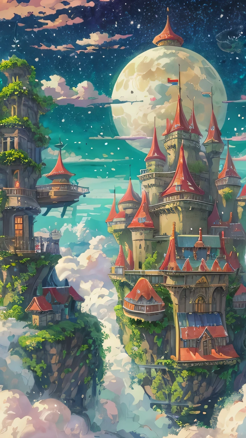 Floating city in fantasy world、Animated castle floating in the sky against the backdrop of a large fantastic full moon, Ghibli's Worldview、A moonlit sky city in a world of darkness、Flying Cloud Castle, 空にFloating Palace, Giant floating castle, Castle in the Sky, Castle in the Sky style, Flying Castle, 天にFloating Palace, Cloud Palace, abandoned Castle in the Sky, Beautifully detailed Fantasy, Fantasy City, high Fantasy City, Floating Palace、Fantasy, A magical plant grows, Extreme Detail, Realistic Light, A magnificent composition, (Intricate details), (Intricate Design, Super detailed :1.2), Art Station, (masterpiece, Highest quality), ultra HD, 32K --v 6
