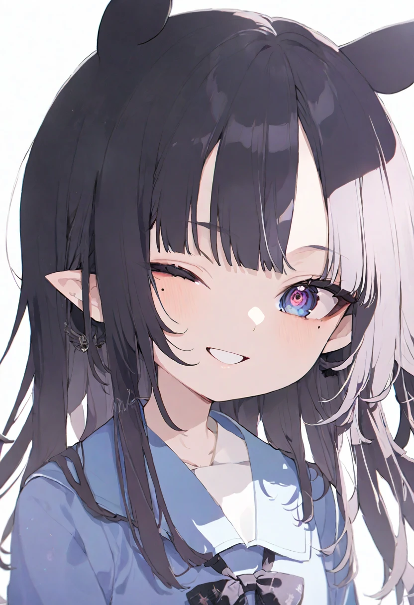 (muste piece), (best quality), very detailed eyes, expressive eyes, perfect face, very detailed face, highly detailed face, beautiful girl, 8K, beautiful girl, white background, delicate and beautiful face and eyes, dark intense shadow, 
1 girl, vtuber style, cool girl, hololive, ina, mole under eye, (li:1.3), kiniform, small chest, clavicle, one eye close winking, smile, (full body), standing,