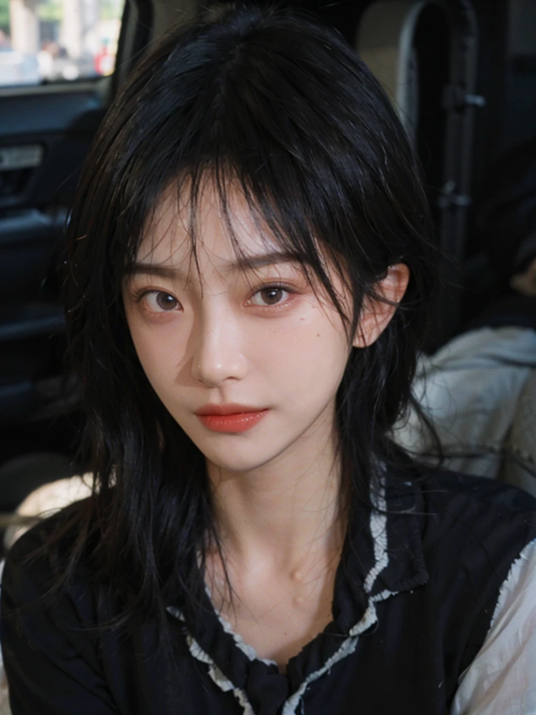 (Skin details:1.4), (smooth skin textures:1.3), (Upper body:1.4),(Upper Body:1.3)Lipstick, background, earrings, serene, calm, (Black shirt:1.5),(Realistic and detailed eyes:1.2), Natural skin texture, Realistic facial details, Soft dramatic lighting, Vivid details, 35 mm film, outdoor, (Photo Practical:1.4), (hyper Practical:1.4), (Practical:1.3), (Smoother lighting:1.05), (Improve lighting quality:0.9), (Highest quality real skin textures:1.4), Exquisite eyes, Delicate face, Close-up of face, (Enhance the beauty of skin texture:1.1), Hair details,normal body ratio, short hair, Moles under the eyes, A faint smile,Portrait Photography, Depth of Field, Bokeh, Surrealism, Ray Tracing, (Portrait Photography:1.1), Surrealism, High Detail, Chiaroscuro, Ray Tracing, reflected light, Ultra HD, Ultra HD, masterpiece, Textured Skin, Super Detail, High Detail, high quality, best quality