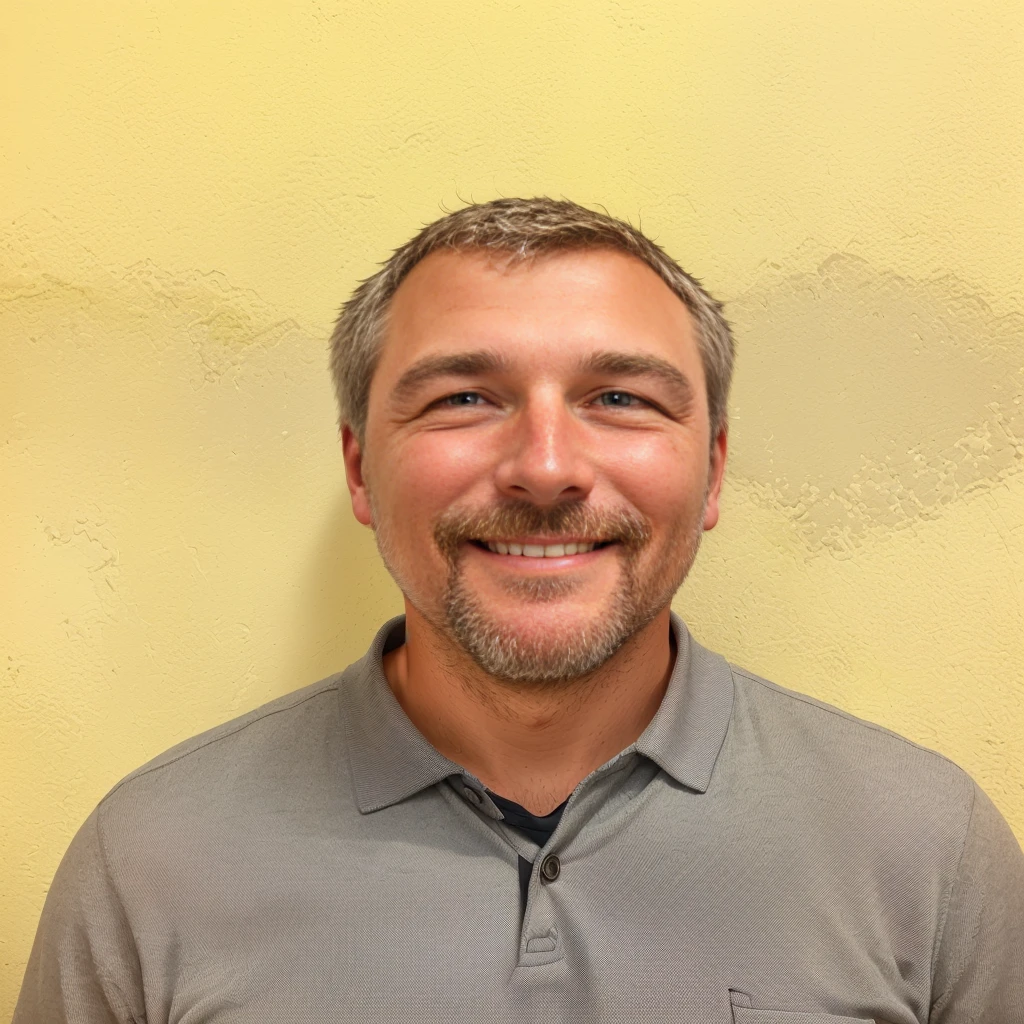 smiling man in grey shirt standing in front of a yellow wall, greg rutwoski, greg kutkowski, greg rukowski, greg rutkovski, greg rutkowsi, kenny schar, paul pepera, greg rutkovsky, greg rutkowsky, greg rutkwoski, mike franchina, steve belledin, greg rutkowksi