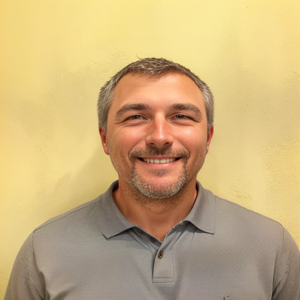smiling man in grey shirt standing in front of a yellow wall, greg rutwoski, greg kutkowski, greg rukowski, greg rutkovski, greg rutkowsi, kenny schar, paul pepera, greg rutkovsky, greg rutkowsky, greg rutkwoski, mike franchina, steve belledin, greg rutkowksi