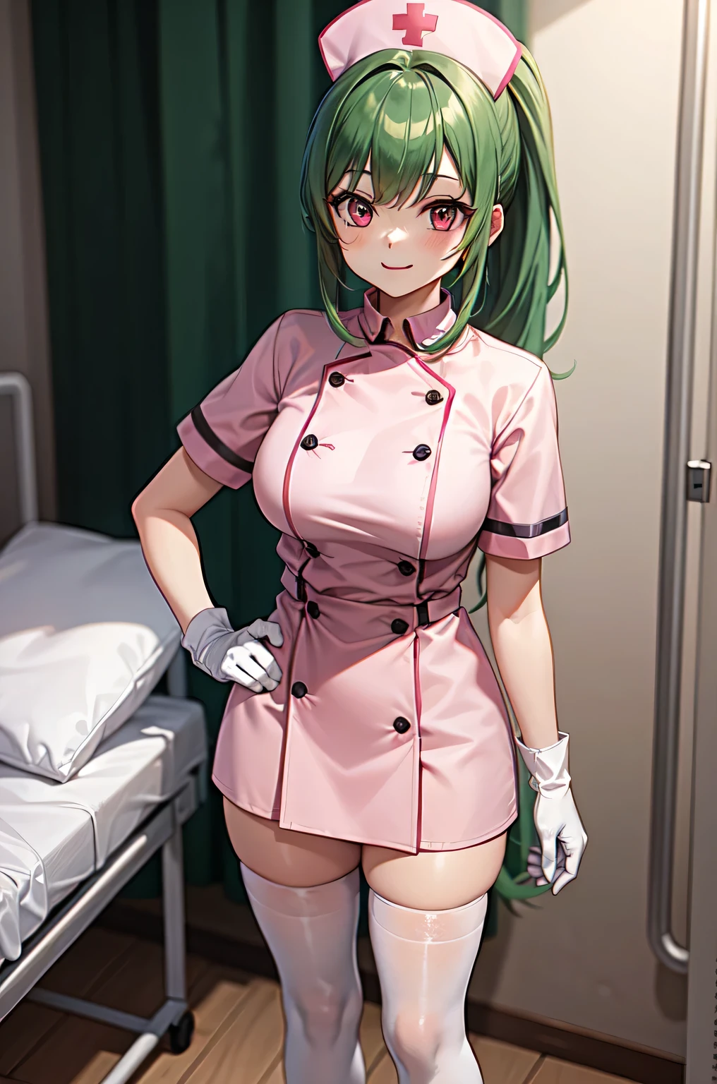 1girl, solo, nurse, nurse cap, white nurse uniform, ((white legwear, zettai ryouiki)), white gloves, ponytail, green hair, pink eyes, smile, standing, ((hospital room)), sharp outline, short sleeves, best quality, masterpiece
