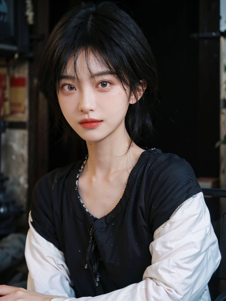 (Skin details:1.4), (smooth skin textures:1.3), (Upper body:1.4),(Upper Body:1.3)Lipstick, background, earrings, serene, calm, (Black shirt:1.4),(Realistic and detailed eyes:1.2), Natural skin texture, Realistic facial details, Soft dramatic lighting, Vivid details, 35 mm film, outdoor, (Photo Practical:1.4), (hyper Practical:1.4), (Practical:1.3), (Smoother lighting:1.05), (Improve lighting quality:0.9), (Highest quality real skin textures:1.4), Exquisite eyes, Delicate face, Close-up of face, (Enhance the beauty of skin texture:1.1), Hair details,normal body ratio, short hair, Moles under the eyes, A faint smile,Portrait Photography, Depth of Field, Bokeh, Surrealism, Ray Tracing, (Portrait Photography:1.1), Surrealism, High Detail, Chiaroscuro, Ray Tracing, reflected light, Ultra HD, Ultra HD, masterpiece, Textured Skin, Super Detail, High Detail, high quality, best quality