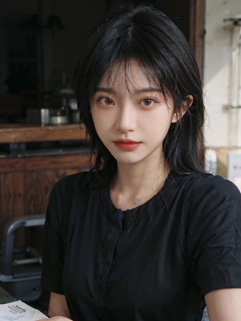 (Skin details:1.4), (smooth skin textures:1.3), (Upper body:1.4),(Upper Body:1.3)Lipstick, background, earrings, serene, calm, (Black shirt:1.4),(Realistic and detailed eyes:1.2), Natural skin texture, Realistic facial details, Soft dramatic lighting, Vivid details, 35 mm film, outdoor, (Photo Practical:1.4), (hyper Practical:1.4), (Practical:1.3), (Smoother lighting:1.05), (Improve lighting quality:0.9), (Highest quality real skin textures:1.4), Exquisite eyes, Delicate face, Close-up of face, (Enhance the beauty of skin texture:1.1), Hair details,normal body ratio, short hair, Moles under the eyes, A faint smile,Portrait Photography, Depth of Field, Bokeh, Surrealism, Ray Tracing, (Portrait Photography:1.1), Surrealism, High Detail, Chiaroscuro, Ray Tracing, reflected light, Ultra HD, Ultra HD, masterpiece, Textured Skin, Super Detail, High Detail, high quality, best quality