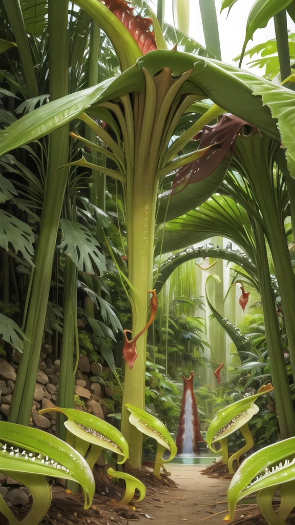 (tropical pitcher plants :1.5),with a large mouth and sharp teeth.,in the forest, landscape:1.5