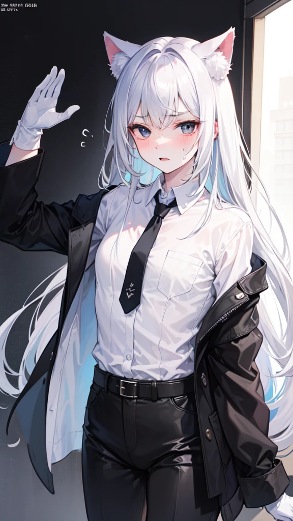 A 18-year-old boy, white and tender skin, cute, wearing white long-sleeved shirt, black jacket and black work tie, black trousers, black booties, white gloves, collar, white hair,wear cat ears, black eyes, thin waist, thin legs, handsome, disdainful and indifferent expression, shy, blush a lot, afraid, sweating, tired, pornography, Pornographic action