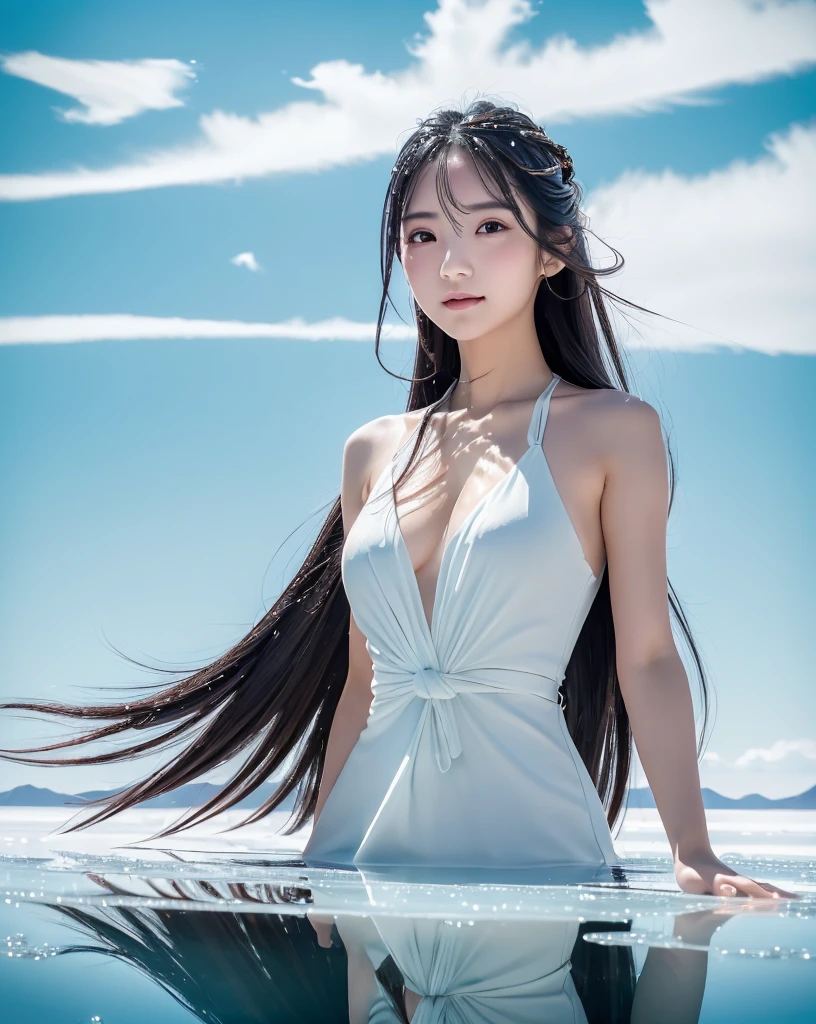 (Highest quality, 32k, High resolution, Masterpiece:1.5), marimo_jet, god々A photograph with brilliant dazzling and healing power., Expressing emotions, Have a rich imagination, Beautiful Japanese Girls, An exceptionally beautiful face, Small Face Beauty, , Perfect Human Anatomy, Magical big eyes, Motherhood and generosity, Deep Love, fleeting smile, Shiny black hair, Beautiful super long hair swaying in the wind, Asymmetrical bangs, Hair between the eyes, Transparent, soft white skin, Sharp eyebrows, Thin lashes, ((Natural Makeup:1.3)), (Red dress:1.3), ((High resolutionの美しい太もも)), ((Distant Horizon:1.5)), ((Salar de Uyuni stretches to the horizon:1.3)), ((The water surface reflects the sky like a mirror:1.3)), Beautiful detailed blue sky, Professional photographer, Professional Lighting, Professional models