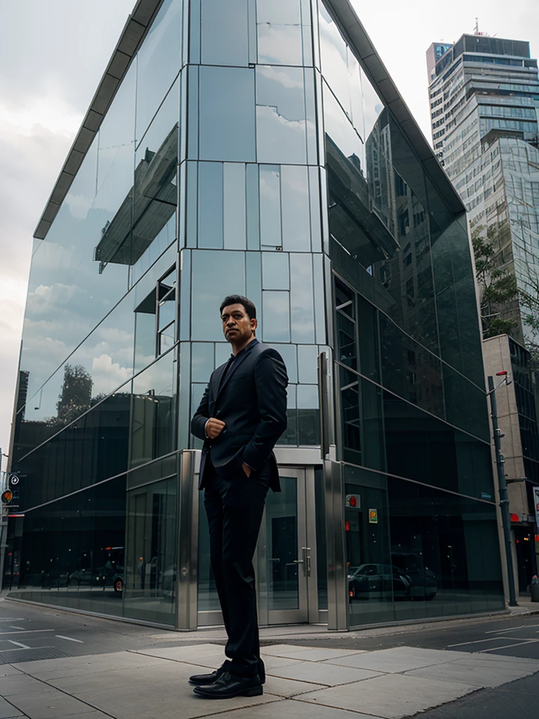 a man stands leaning on a building made of glass panels