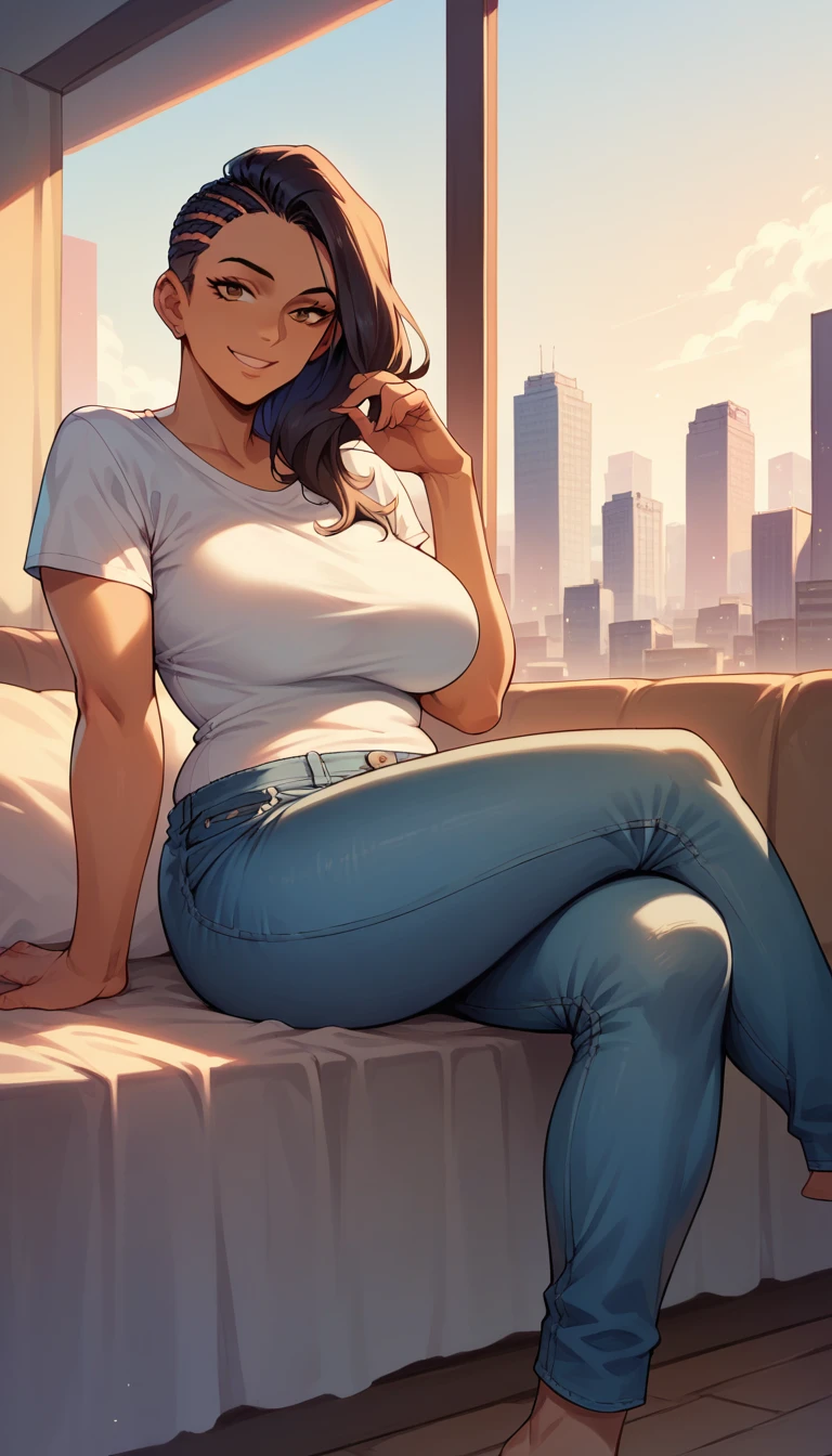 laura matsuda, mature, brown skin, white t-shirt, jeans, sit, crossed legs, smile, morning, city, strong
