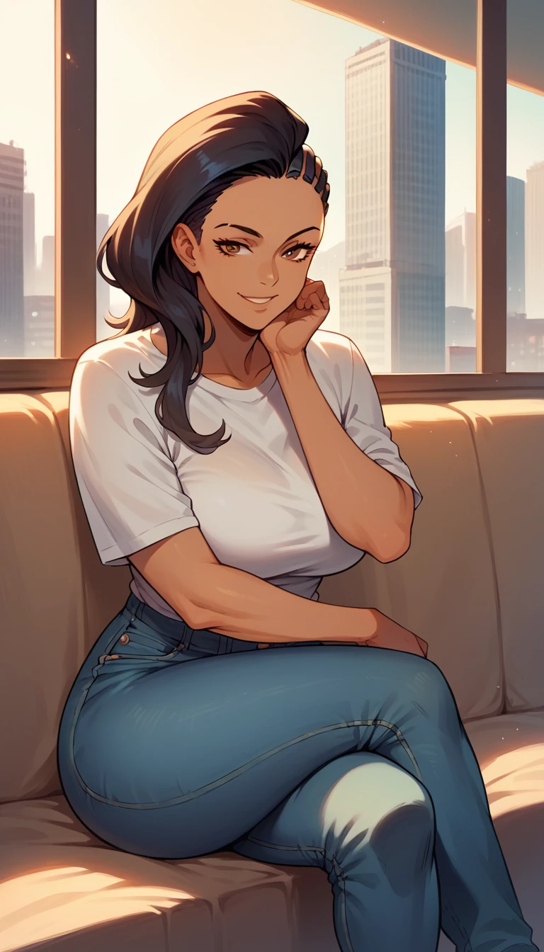 laura matsuda, mature, brown skin, white t-shirt, jeans, sit, crossed legs, smile, morning, city, strong
