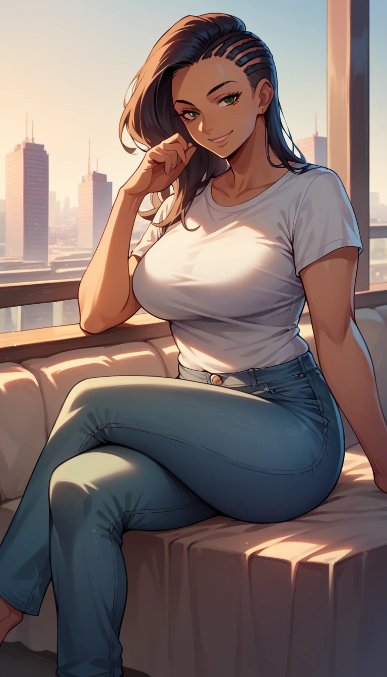 laura matsuda, mature, brown skin, white t-shirt, jeans, sit, crossed legs, smile, morning, city, strong
