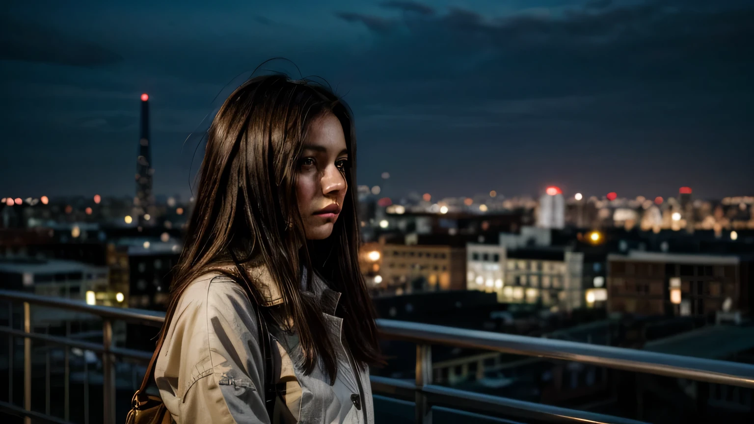 image of a beautiful woman, 27 year old, dark-haired white, staring to the city at dawn, worried and hopeful
