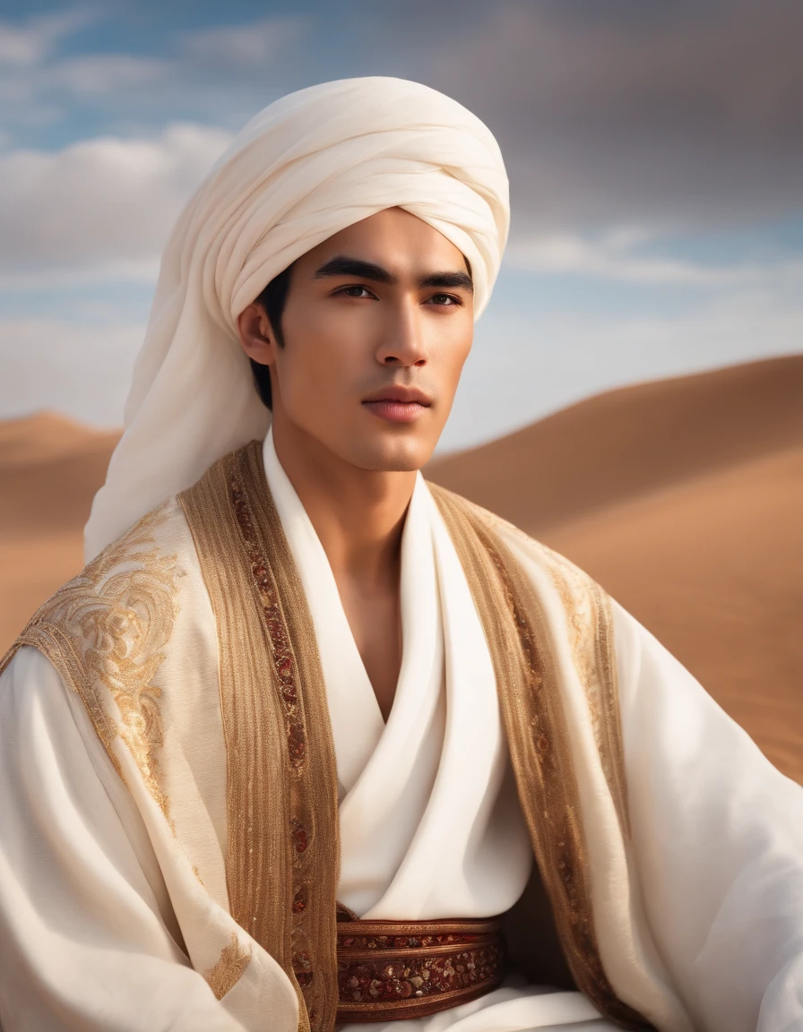 a young asian man, Nadech Kugimiya face, off-white traditional arabian thawb robe, white cloak, off-white shemagh turban, standing in the desert, looking up at the sky, solemn expression, extremely detailed beautiful eyes, beautiful detailed lips, extremely detailed facial features, long eyelashes, photorealistic, (best quality,8k,highres,masterpiece:1.2),ultra-detailed,(realistic,photorealistic,photo-realistic:1.37),dramatic cinematic lighting, vivid colors, HDR, physically-based rendering