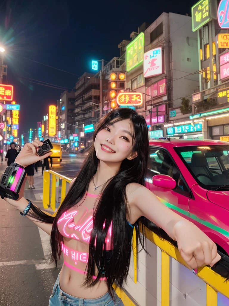 araffe woman standing on a city street at night with a mini camera, at night with neon lights, asian girl with long hair, Mischievous grin, neon lights in the background, neon city in the background, 8k selfie photograph