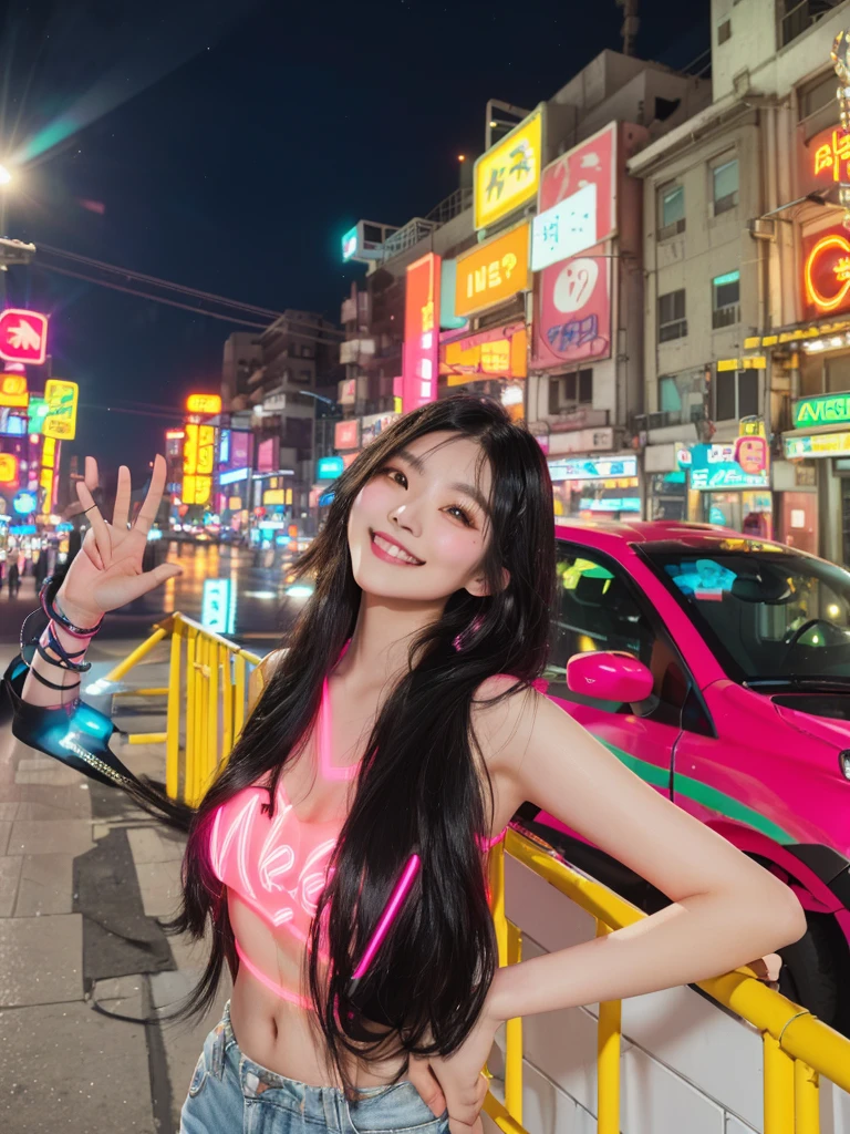 araffe woman standing on a city street at night with a mini camera, at night with neon lights, asian girl with long hair, Mischievous grin, neon lights in the background, neon city in the background, 8k selfie photograph