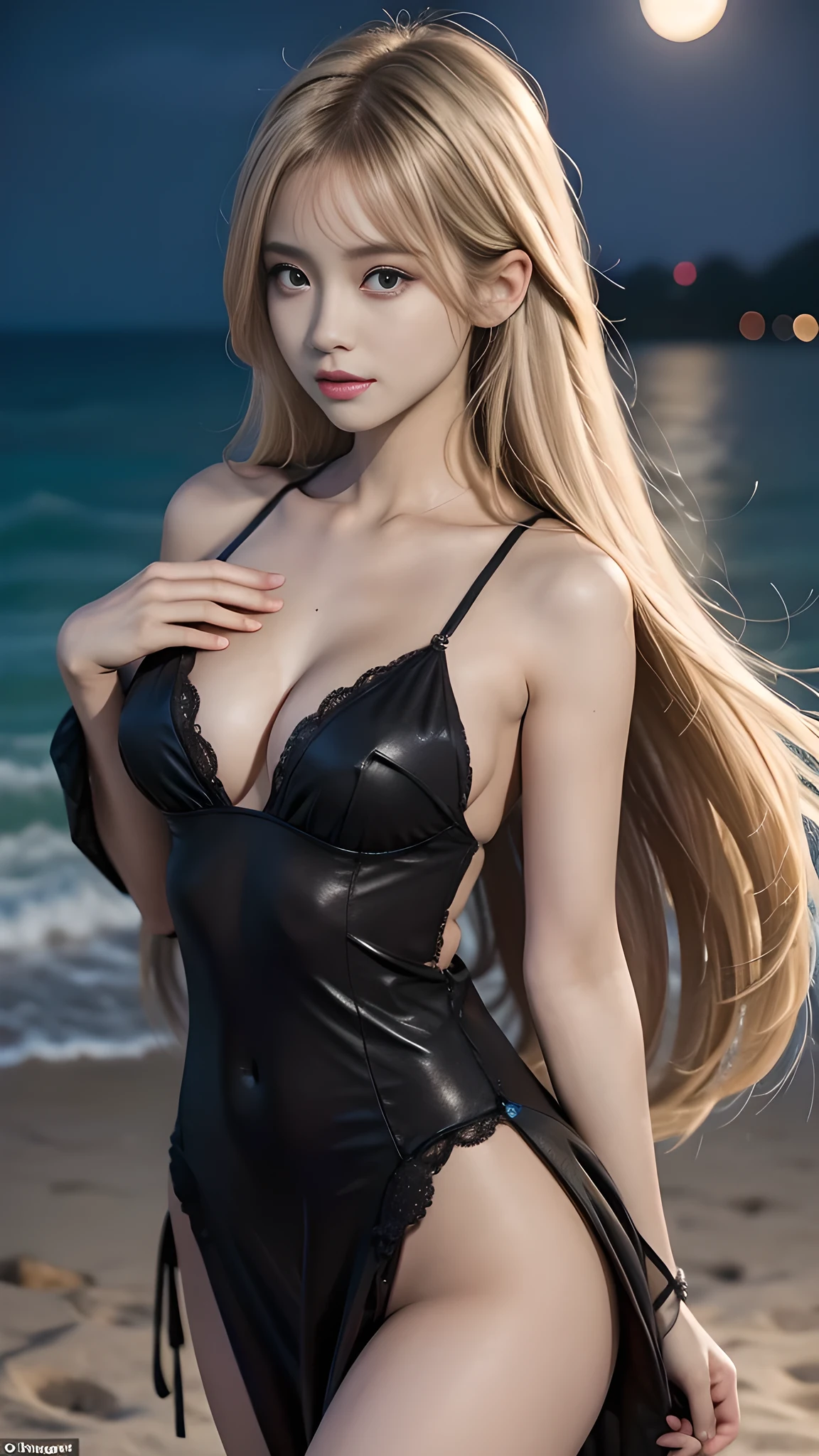 full hd 8k, Girl standing in front of a dark night scene, full moonlight reflecting on her beautiful face. Her long, silky hair was gently blown by the night wind, creating a gentle and romantic feeling. She is walking on a large beach. She looked up at the starry sky, as if searching for something, her eyes showing a pensive and lonely look. The full moon shines in the night sky creating a beautiful scene. The girl has long, strands of hair, Light blonde hair, a luxurious and noble beauty. The moonlight shines on the girl's delicate face, highlighting her large, round light brown eyes, creating a natural, gentle beauty. She wore a sexyly mini dress to create a sexy beauty. Her plumble breasts were exposed, revealing her plumble and extremely sexy breasts. These images capture detailed panoramic portraits and views of the sky and sea. All create a beautiful, wonderful picture that makes people unable to take their eyes off the scene. All of these details are depicted clearly and sharply, creating sexyly poses,