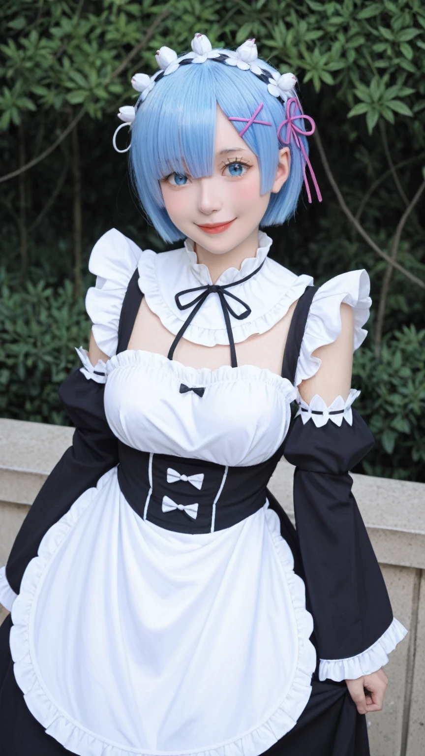 realistic,score_9, score_8_up, score_7_up, very aesthetic, absurdres,
rem_(re:zero), re:zero_kara_hajimeru_isekai_seikatsu, 1girl, blue_eyes, short_hair, blue_hair, hair_over_one_eye, asymmetrical_bangs, x_hair_ornament,wide_sleeves, apron, black_hair, black_sleeves, blunt_bangs, blush, breasts, detached_sleeves, dress, frilled_apron, frilled_sleeves, frills, hairband, juliet_sleeves, long_sleeves, maid, maid_apron, neck_ribbon, puffy_sleeves, ribbon, sleeveless, sleeveless_dress, waist_apron, smile, solo, teacup, teapot, upper_body, blue_flower, floral_background, flower, looking_at_viewer,