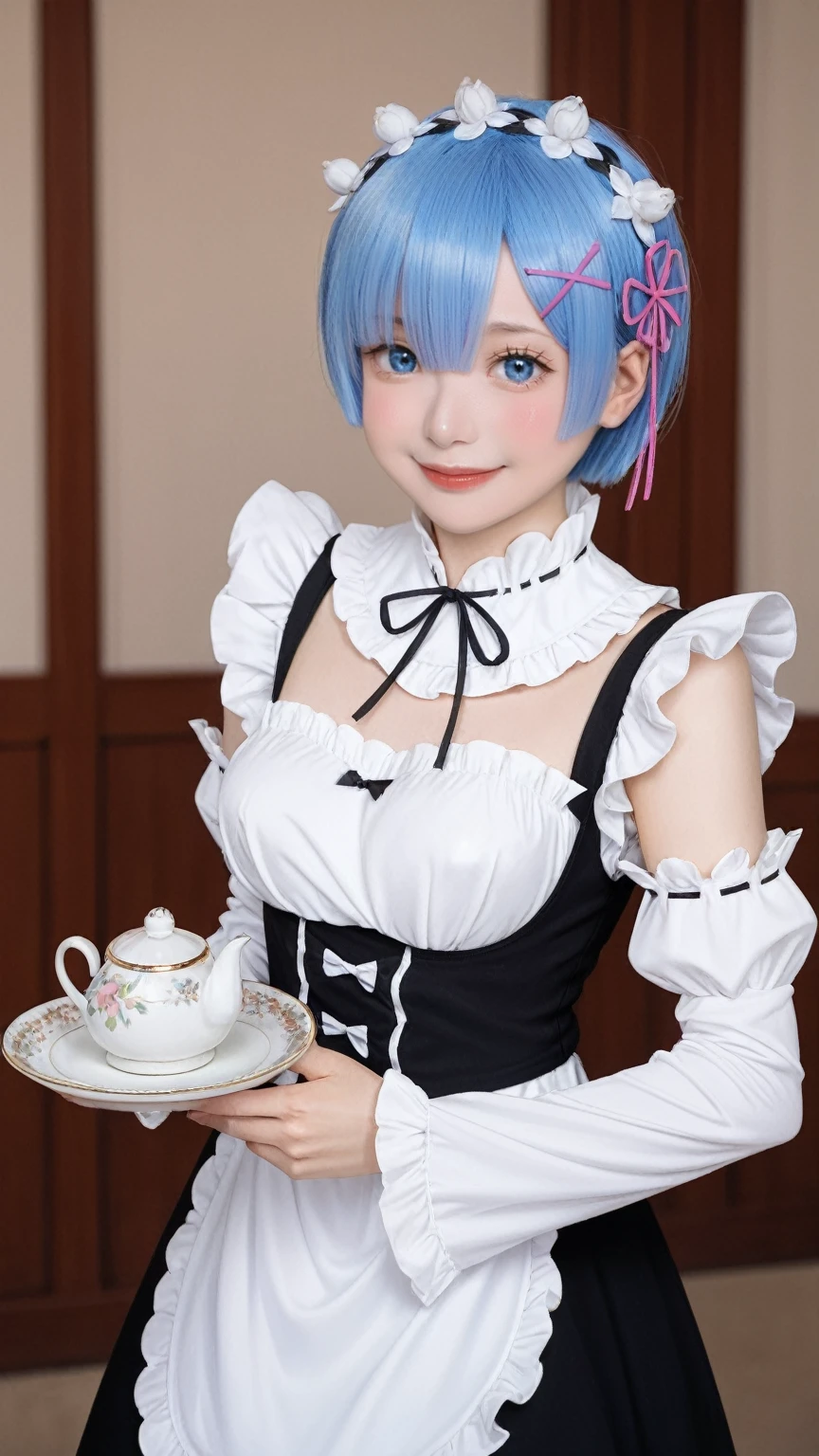 masterpiece, top-quality, Hi-Res, REM 1, 1girl in, 独奏, Remu\(Re:Staynight\), blue hairs, white thighhig, shorth hair, red eyes, Hair above one eye, Ribbon trim, Hair Ribbon, X Hair Ornament, frilld, Maid headdress, Waist apron, garter strap, a black ribbon, small tits, long-sleeve, White Apron, Ribbon around the neck, Purple Ribbon, Wide sleeves, flower in hair,