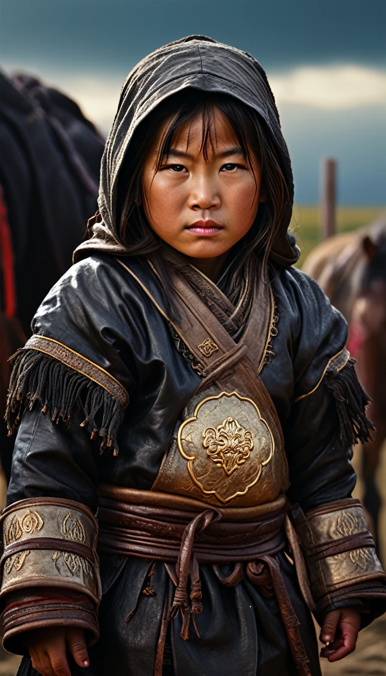 ****** Genghis Khan , facing harsh weather and difficult living conditions in the steppes, background cinematic, hyper realistic, ultra detailed hyper realistic, photorealistic, Studio Lighting, reflections, dynamic pose, Cinematic, Color Grading, Photography, Shot on 50mm lens, Ultra-Wide Angle, Depth of Field, hyper-detailed, beautifully color, 8k, golden light from the front,