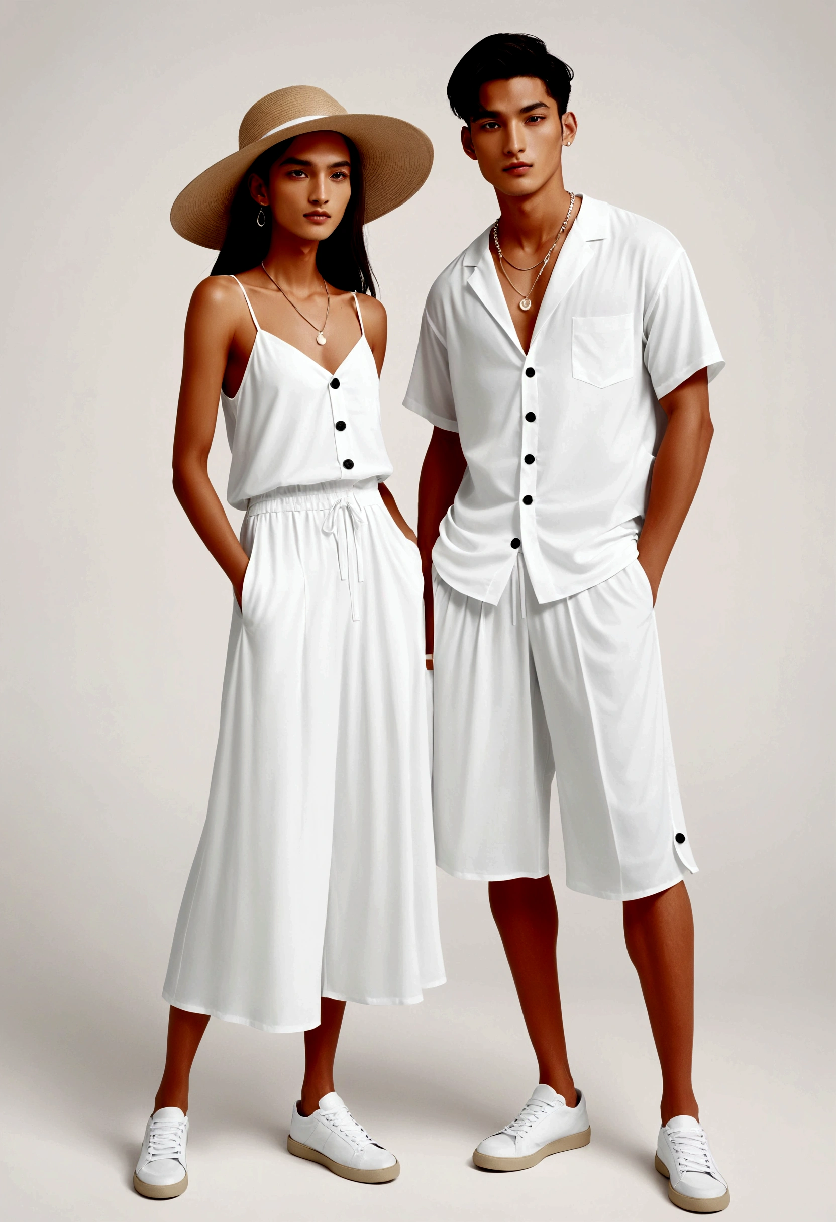 candid fashion illustration of young Asian man and woman, both aged 20 year old, ((showcase fashion look book in a White rayon outfits)), inspired by Zara's resort collection 2020 in elegant young bohemian style. The man wears an oversized short-sleeved bowling white shirt with a pocket details, paired with relaxed-fit white Sports Wide Leg Shorts Baggy short and Drawstring, He completes his look with white sneakers, sunglasses and bracelet. The woman complements him in a white Ankle-length dress in a rayon with delicate lace insets, V-shaped neckline, covered buttons down the front and an open section, spaghetti shoulder straps, Gathered tiers down the skirt and a scalloped hem, Her ensemble includes an accessorizes with a wide-brimmed straw hat, white sneakers and necklace. Captured in a low angle, ((full-body image)), ((blank background)), sketching, realistic charcoal lines, imperfect drawing, fading sketch, fashion look book, fashion illustrator, sketch design,