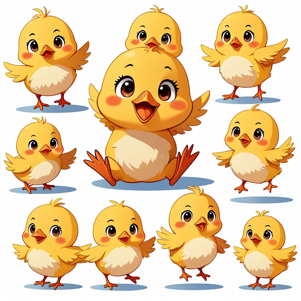 a chick, illustration, flat, cute, children's book, multiple poses and expressions, (isolated white background:1.3), jumping