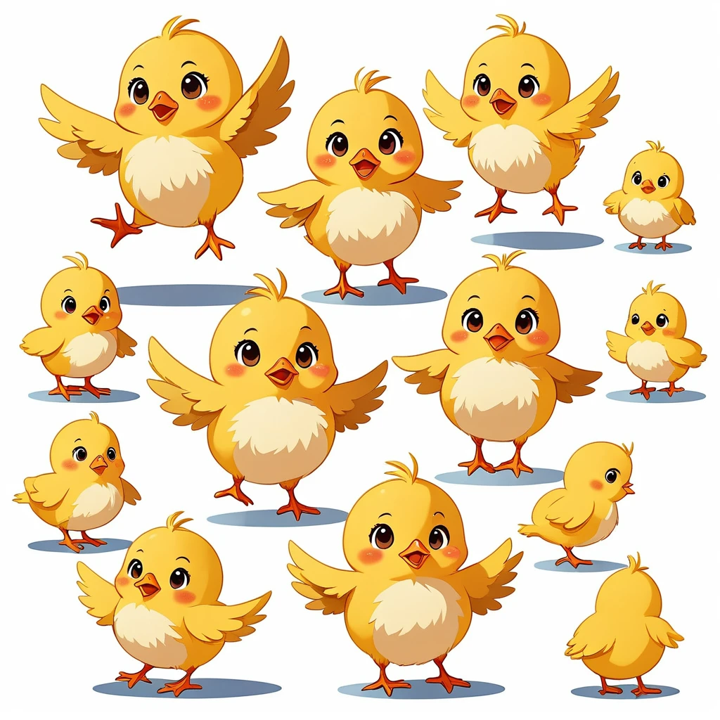 a chick, illustration, flat, cute, children's book, multiple poses and expressions, (isolated white background:1.3), jumping