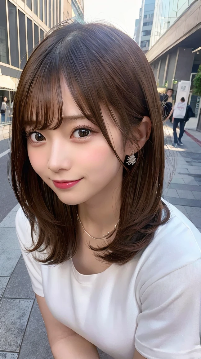 masutepiece, Best Quality, Illustration, Ultra-detailed, finely detail, hight resolution, 8K Wallpaper, Perfect dynamic composition, Beautiful detailed eyes, doress, mid-chest, Natural Color Lip, Random and sexy poses,Smile,Aoyama Street Walk、20 years girl、bobhair,Short hairstyle