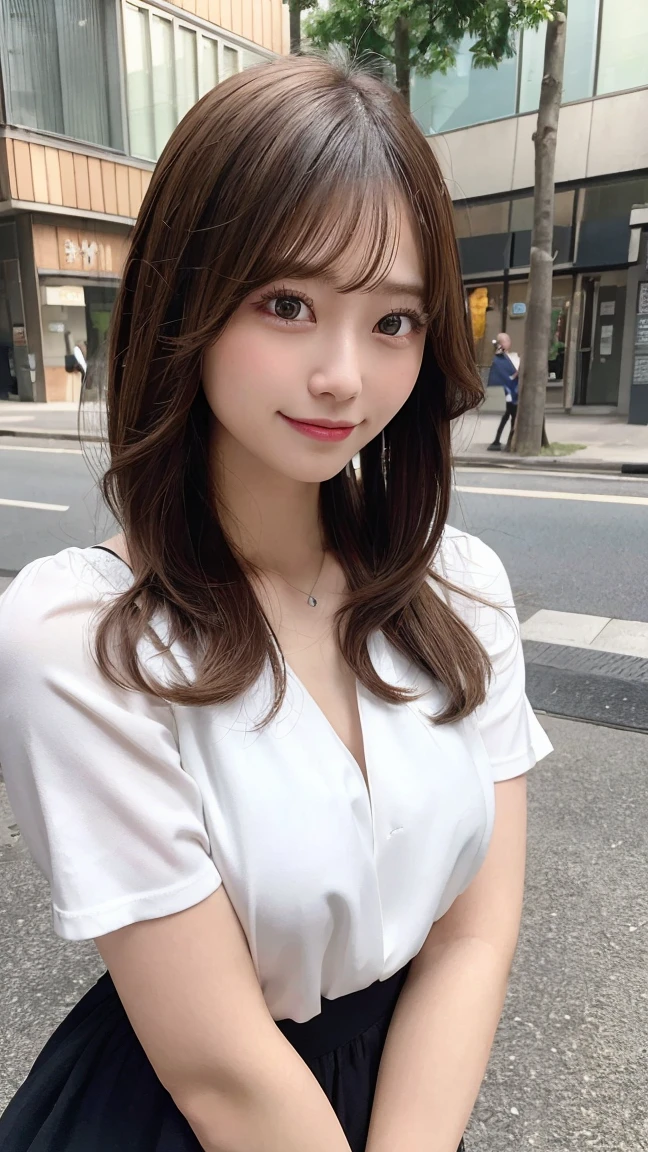 masutepiece, Best Quality, Illustration, Ultra-detailed, finely detail, hight resolution, 8K Wallpaper, Perfect dynamic composition, Beautiful detailed eyes, doress, mid-chest, Natural Color Lip, Random and sexy poses,Smile,Aoyama Street Walk、20 years girl、bobhair,Short hairstyle