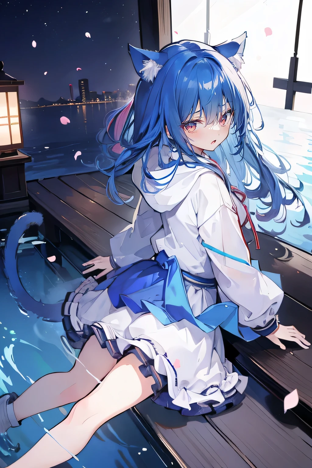 （masterpiece：1.2），Super detailed，lifelike，Expressive eyes，fair skin，perfect face shape，1 girl，
Japanese comics,Gorgeous blue hair,flowing blue hair,flowing clothes,Cat ears,Petals fall,beautiful lola,Baby Angel,
Shaking head with one hand，Cross your legs，Gentle and peaceful background，The pavilion is cool and comfortable,smile, wearing hoodie, background of night tokyo,back views,snowing, winter,lie on the water. 