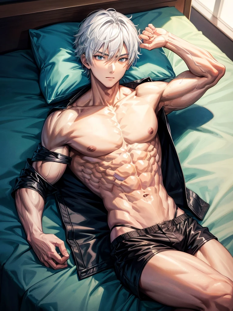 Anime guy about 16 without outerwear. Muscular with 6-pack abs and back. With white hair. Lying on the bed.