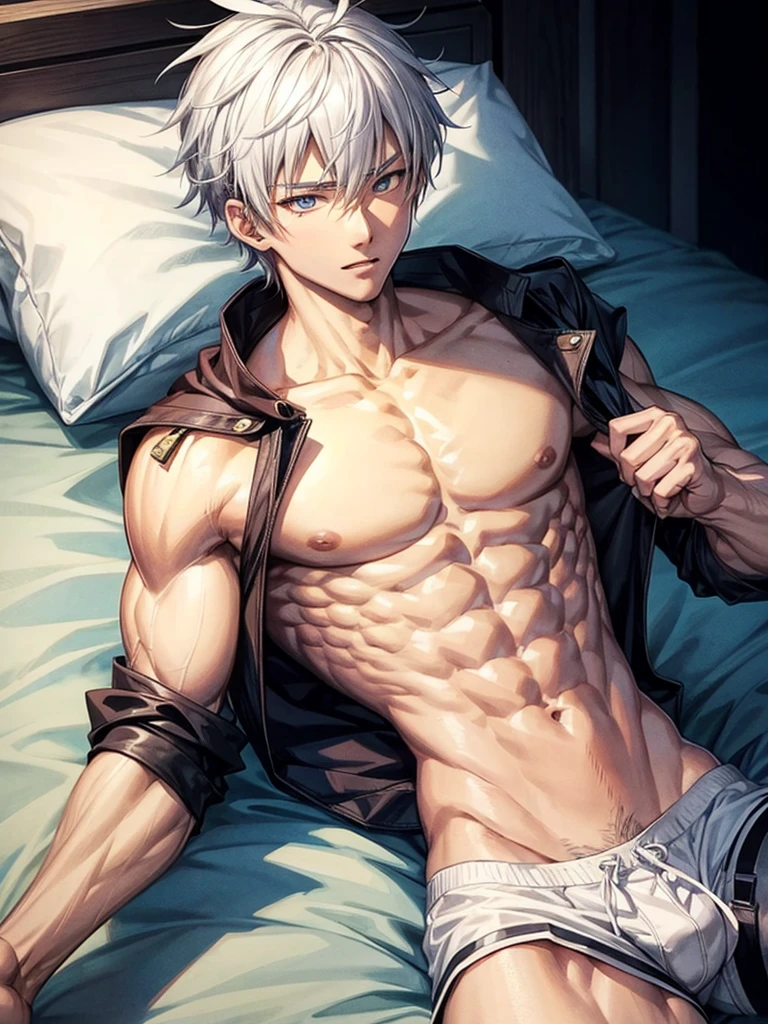 Anime guy about 16 without outerwear. Muscular with 6-pack abs and back. With white hair. Lying on the bed.