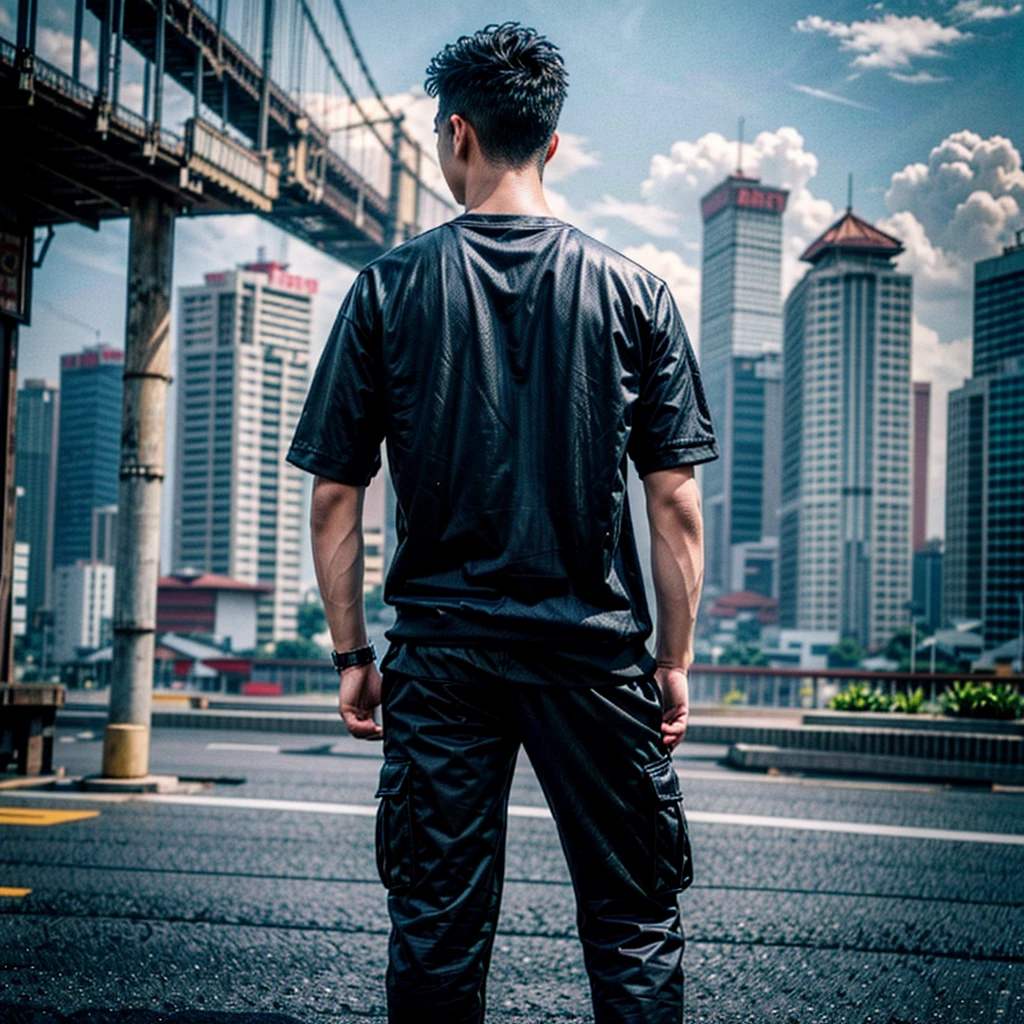 1 male, 34 years old indonesian male, Oval-shaped face, Short neck, burst fade hairstyle, burst fade hair, wering tshirt, cargo pants, wearing glasses, 4k, The text "Regaza" on the back of the hoodie, best quality, Masterpiece, Ultra high resolution, beautiful light, (realistic, photo-realistic:1.4), realistic background, standing with city of surabaya at background, back view photo, Give watermark at bottom picture "REGAZA"