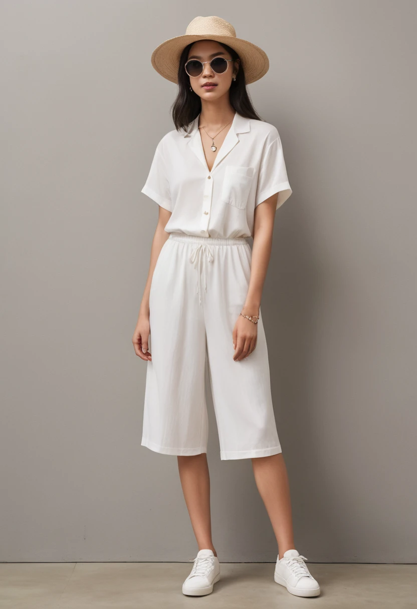 candid fashion illustration of young Asian man and woman, both aged 20 year old, ((showcase fashion look book in a White rayon outfits)), inspired by Zara's resort collection 2020 in elegant young bohemian style. The man wears an oversized short-sleeved bowling white shirt with a pocket details, paired with relaxed-fit white Sports Wide Leg Shorts Baggy short and Drawstring, He completes his look with white sneakers, sunglasses and  bracelet. The woman complements him in a white Ankle-length dress in a rayon with delicate lace insets, V-shaped neckline, covered buttons down the front and an open section, spaghetti shoulder straps, Gathered tiers down the skirt and a scalloped hem,  Her ensemble includes an accessorizes with a wide-brimmed straw hat, white sneakers and necklace. Captured in a low angle, ((full-body image)), ((blank background)), sketching, realistic charcoal lines, imperfect drawing, fading sketch, fashion look book, fashion illustrator, sketch design,