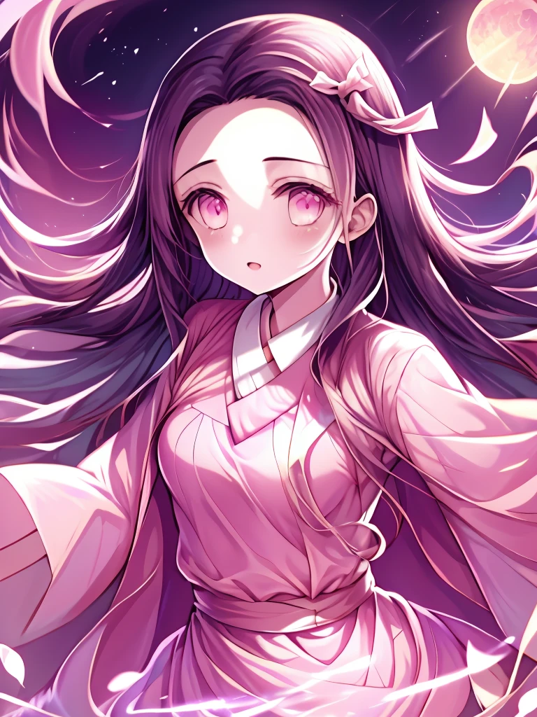 absurdres, highres, ultra detailed, HDR, master piece, best quality, Kamado Nezuko, expressive pink eyes, Kimetsu No Yaiba, 1 woman, extremely beautiful, pink petals, pink lilies, pink moon, fireflies