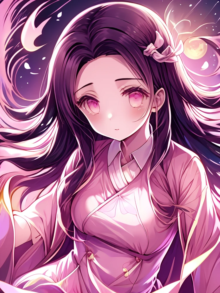 absurdres, highres, ultra detailed, HDR, master piece, best quality, Kamado Nezuko, expressive pink eyes, Kimetsu No Yaiba, 1 woman, extremely beautiful, pink petals, pink lilies, pink moon, fireflies