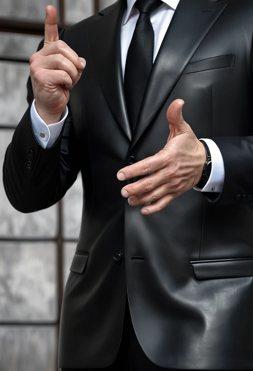 a close up of a man in a black suit and tie, vladimir putin, 5 elegant fingers, acting, pointing, voitv, mixed media, leather clothing, navel, media facade, extremely detailed, simple hands, massive