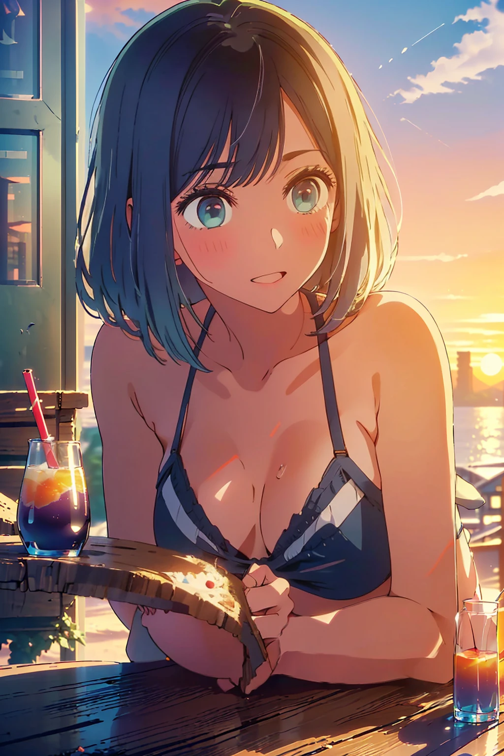 (Highest quality:1.4、masterpiece:1.4、Super detailed:1.4、8K:1.4)、F cup bust、Big Breasts、Slim body、((((1 person、Surprised expression、sit、In the background are the urban buildings of Tokyo、looking at the camera、Outdoor café terrace、coastal、Navy hair color、Shooting from an angle、Leaning against a wall、juice、table、Sunset Beach、sunset、Very cute face))))、((nude、Areola、bikini size too small))、Big eyes、((((Shallow depth of field))))