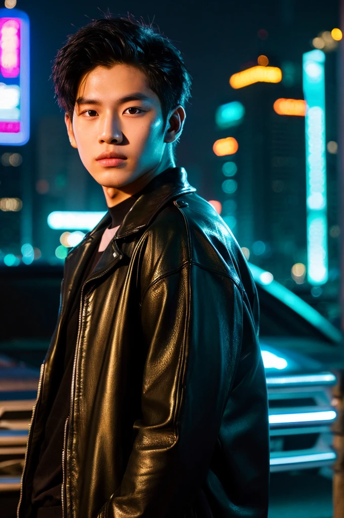 Werewolf, Thai BL actor, 18 years old, very handsome., My hair is very short and has an undercut., black jacket, Futuristic neon cyberpunk city