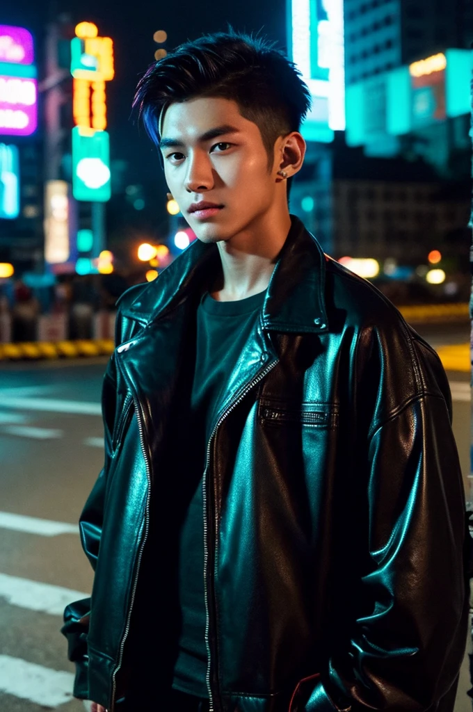Werewolf, Thai BL actor, 18 years old, very handsome., My hair is very short and has an undercut., black jacket, Futuristic neon cyberpunk city