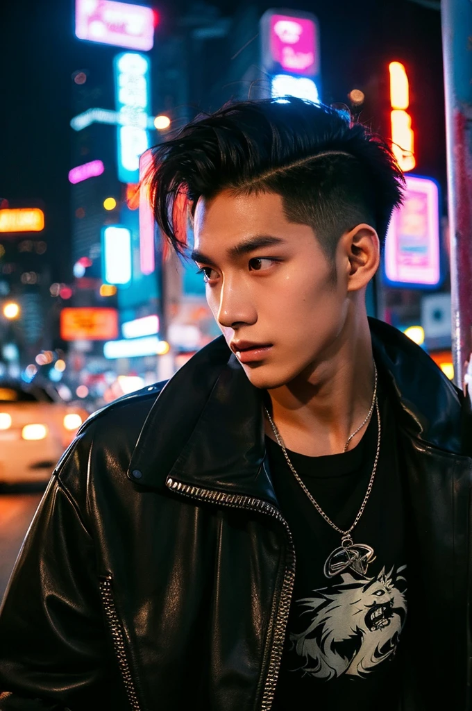 Werewolf, Thai BL actor, 18 years old, very handsome., My hair is very short and has an undercut., black jacket, Futuristic neon cyberpunk city