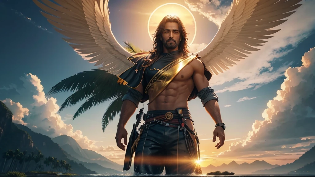 photorealistic landscape, natural landscapes, naturals, Natural Beautys, golden sunset, sky, sky Power, Detailed realistic sunset, palmtrees, mountainous landscape, Rivers of water, sunset Realism, natural treess, alone men, GOD man, Man's beard, GOD's Army Angel, armour Divina, Strong God's Angel, male angel, Male man, beard man, full beard, Hebrew, Barba Hebrew, Jewish, Golden Army, Silver Army, armour, Soldier Angel, photorealistic details, GOD's angel masculino, GOD's Army, GOD's Hebrew, GOD's Strong Angel, GOD's Power, angel masculino, Strong Nature, male man, Tunica, GOD'angel, barba, man with beard, Large Beard, Barba Judaica, Hebrew, panorama, Alpha Male, Caminho para o sky, heavenly, 8K Detailed Realistic Image, 16K Photorealistic Contrast, 8K Photorealistic Sharpness, Photorealistic 4K cores, 16K Photorealistic Shadows, 8K Photorealistic Textures, 16K Photorealistic Texture, 4K Photorealistic Light, 4K PhotoRealism, FullHD 4K Detailed Contrast, detailed sharpness FullHD 8K, detailed sharpness FullHD 4K, detailed sharpness, 2K detailed colors, lifelike colors, FullHD Detailed Shadows, 4K Detailed Textures, detailed texture, padoru, natural beautifuls, armour Completa, padorumente Vestido, chic,