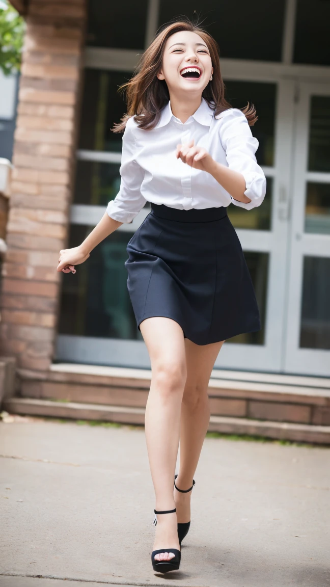 (Highest quality, masterpiece, Photo Real, Super detailed, Ultra-high resolution, born:1.3), (Two girls laughing at the camera), beautiful, Japanese, 20-year-old, (mini skirt), (Looking at the camera and laughing with his mouth wide open), high waist, office, (Long legs, High heels, whole body:1.2),(Low - Angle:1.2)