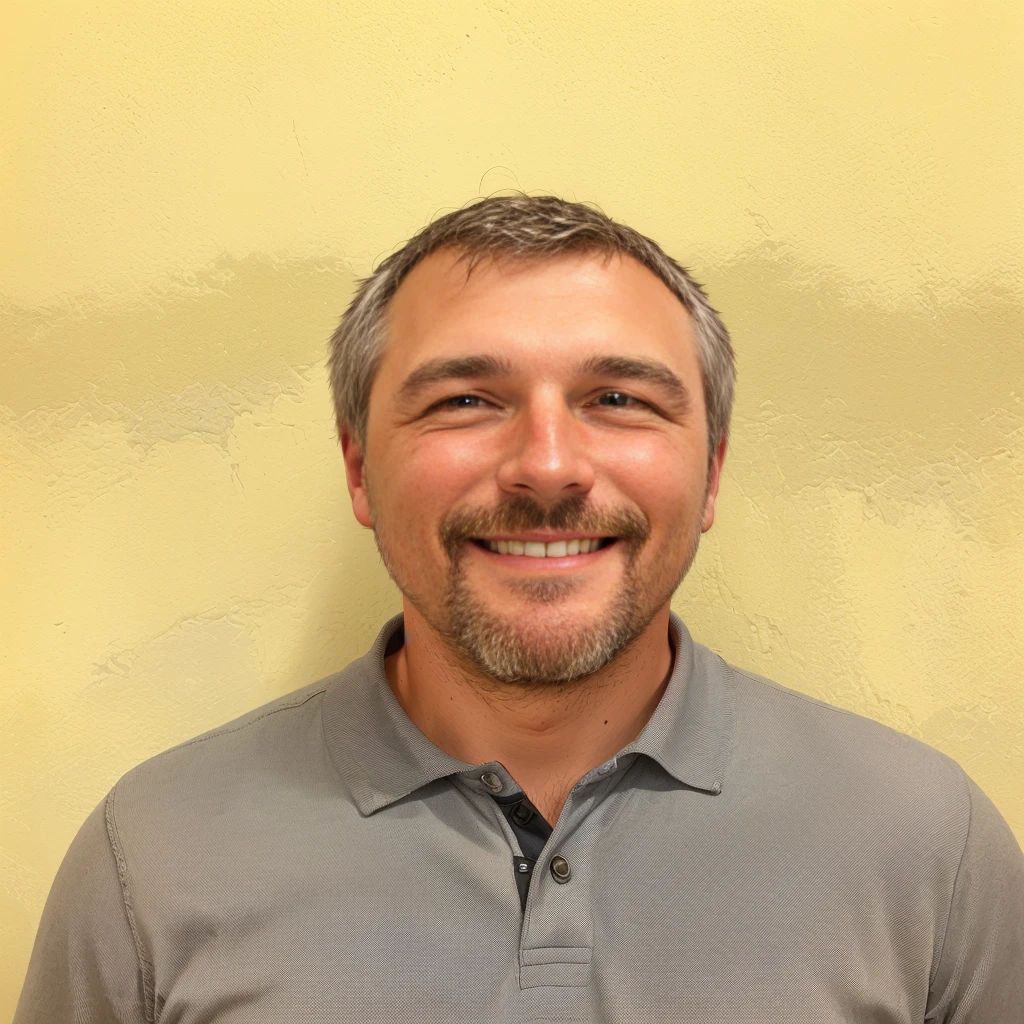 smiling man in grey shirt standing in front of a yellow wall, greg rutwoski, greg kutkowski, greg rukowski, greg rutkovski, greg rutkowsi, kenny schar, paul pepera, greg rutkovsky, greg rutkowsky, greg rutkwoski, mike franchina, steve belledin, greg rutkowksi