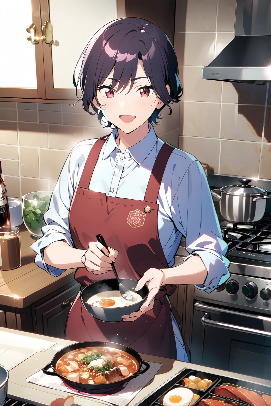 (Ultra-detailed illustrations:1.2),anime character in kitchen prepaAlsog food with a skillet and pan, Cooking, tanjiro kamado, Also, honest, Official Art, honest shinka, Mai Yoneyama, Shirabii, Eat and drink, Nishimiya Shoko, Anime Moe Art Style, Cook, Official character art, rei hiroe, Cooking it up, honest kano