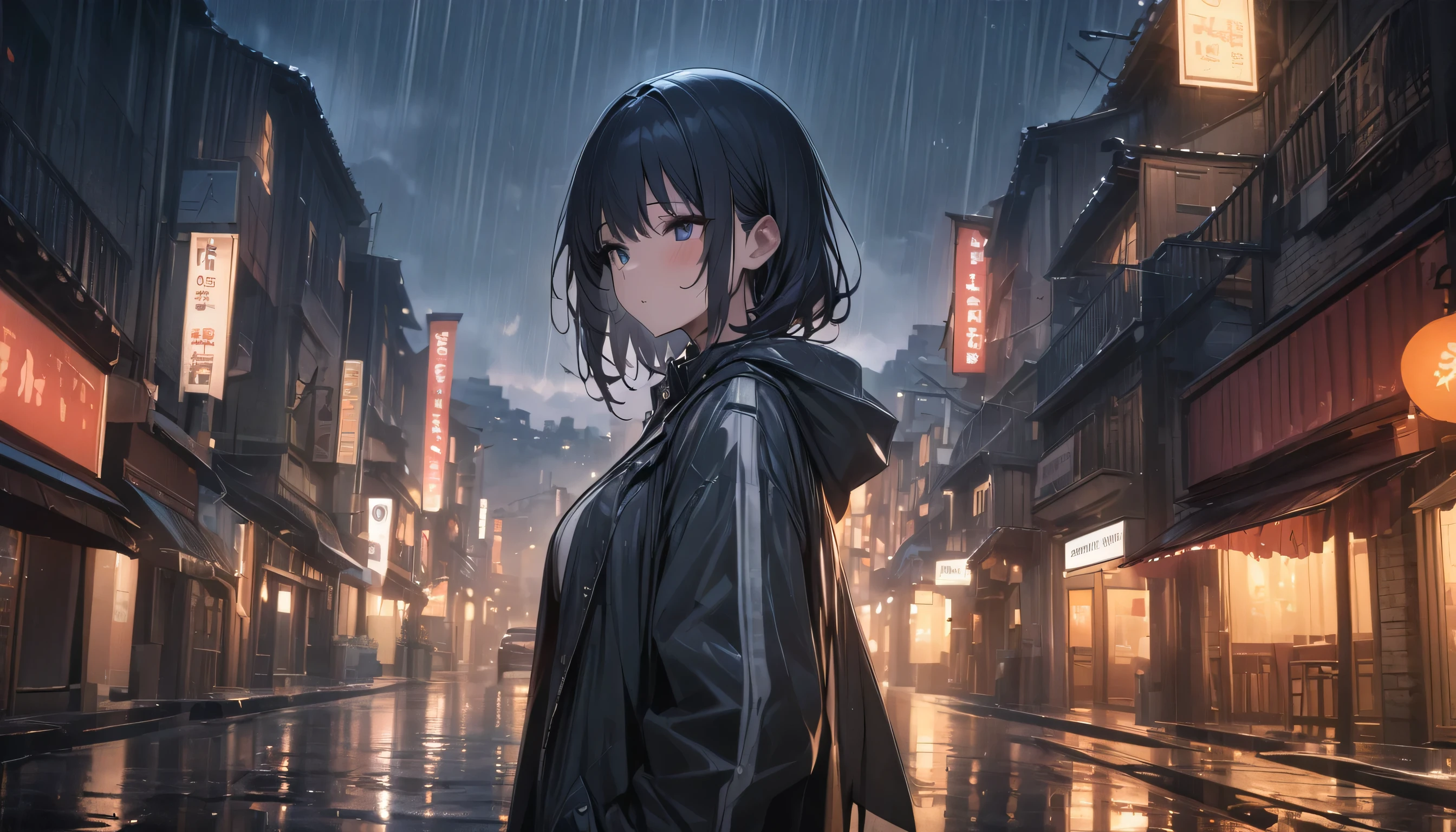 (masterpiece, Highest quality:1.2), 1 Girl, alone, night、town、rain